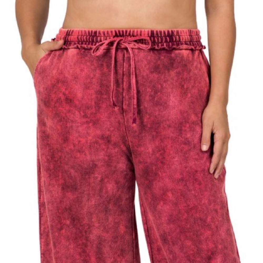 Plus Rose Terry Mineral Washed Drawstring Waist Raw Hem Pants - Picture 2 of 4